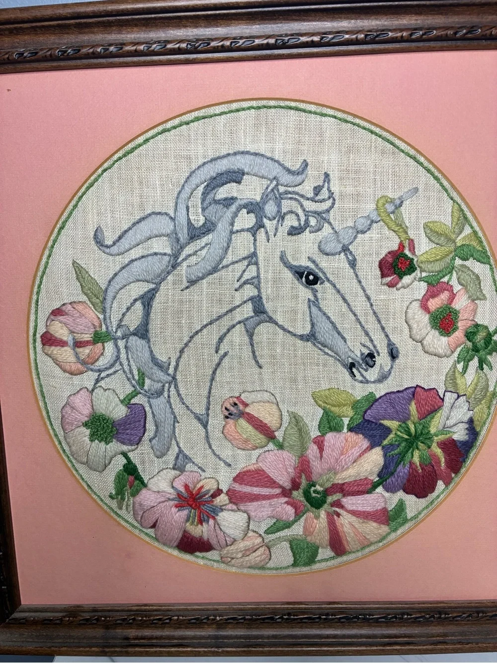 Vintage Unicorn Crewel Embroidery Floral Fiber Art Framed Wall Decor